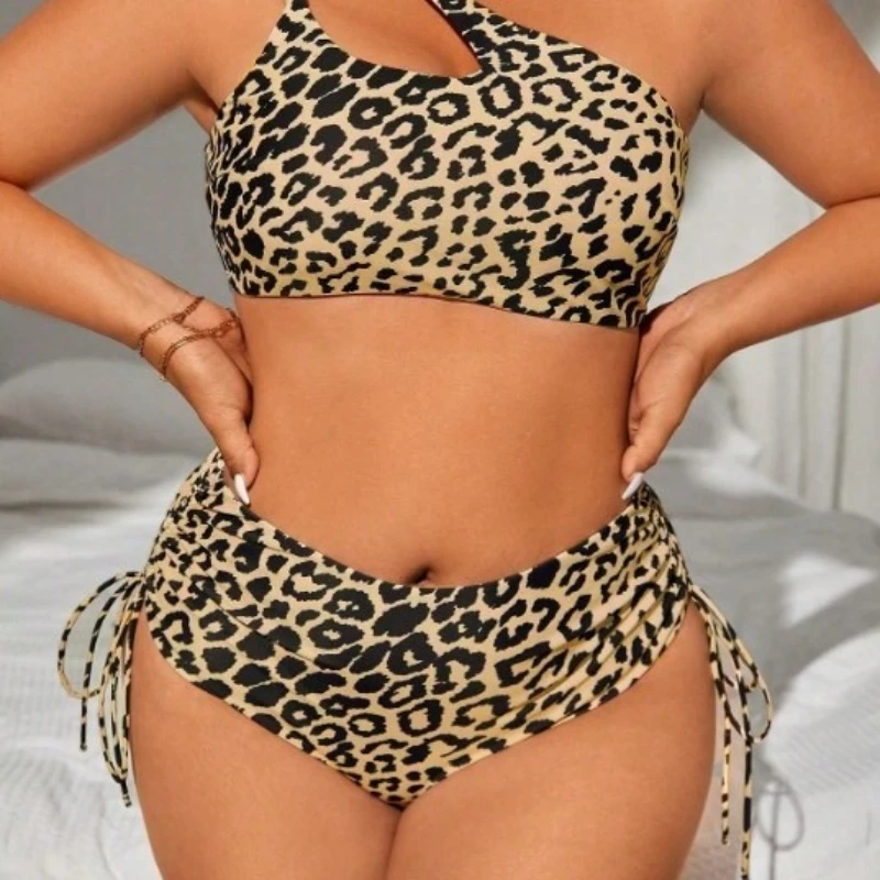 2026 Plus Size Leopard Bikini Set One Shoulder Cutout Top High Waist Side Drawstring Tummy Control Swimwear For Women Beachwear
