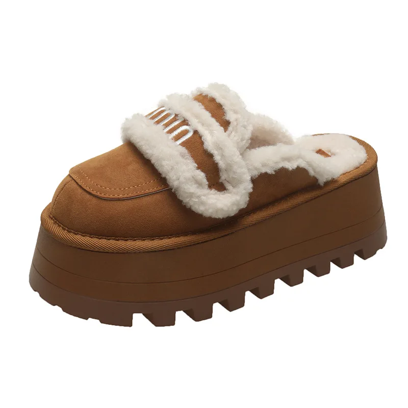 2024 New Trendy Thick Sole Fluffy Slippers for Women with Fur Lining for Warmth in Autumn and Winter with a Packable Head