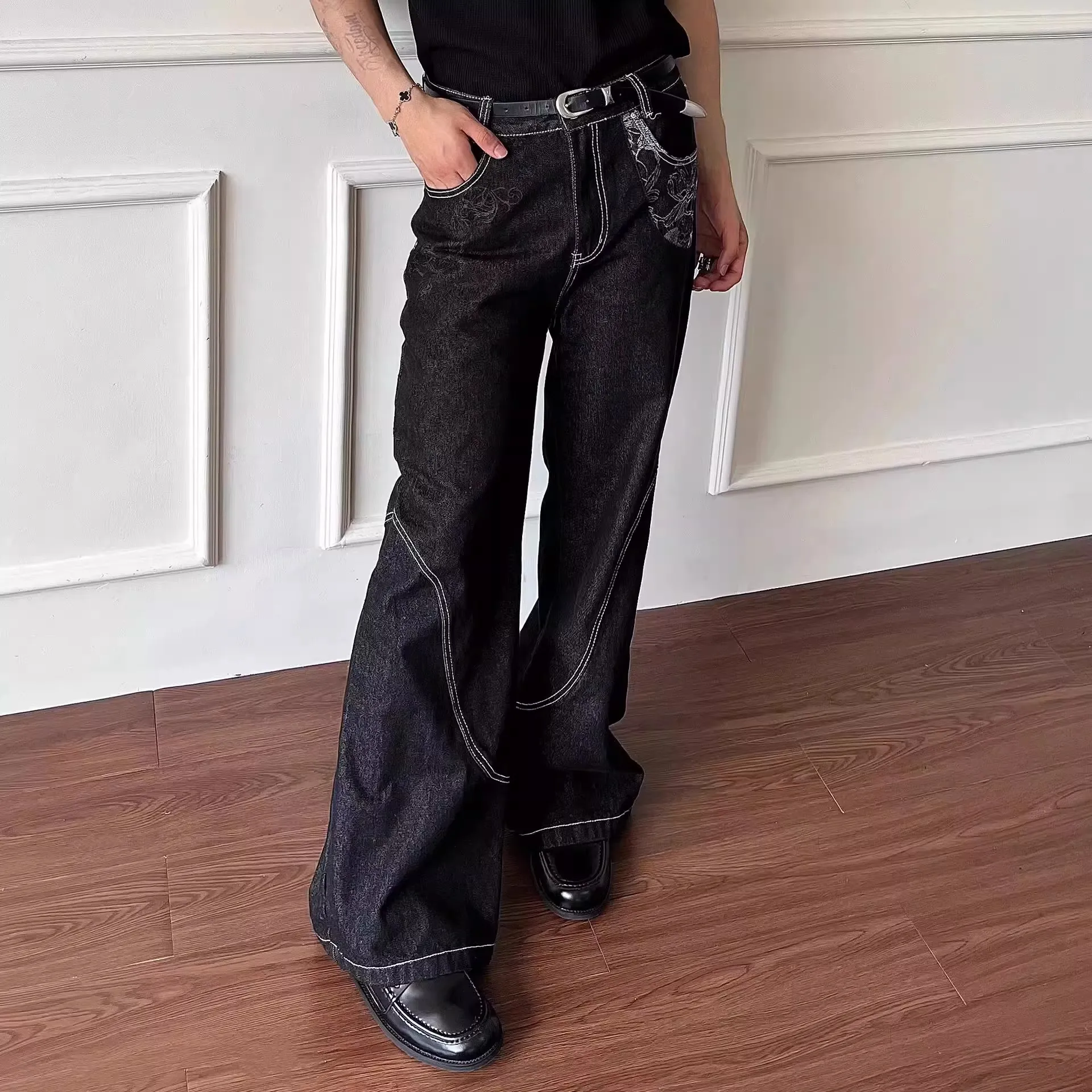 

Retro American Vibe Snake Trace Original Jeans Men's Straight Leg Micro Flare Waed out Denim Pants mid Waist Zipper Fly