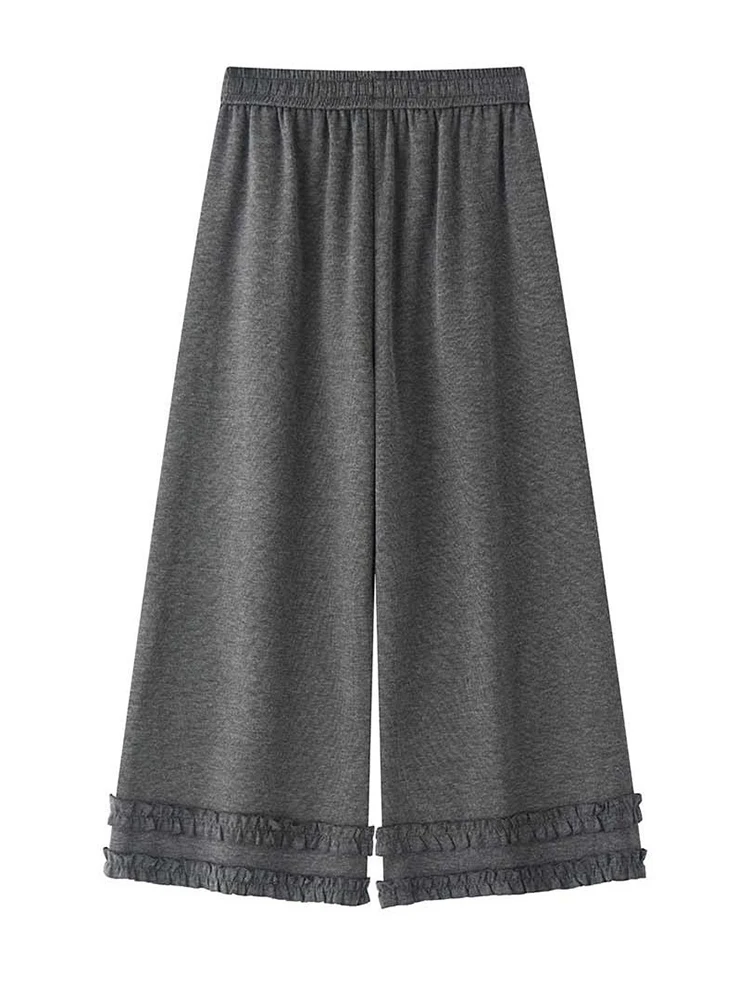 FANAN-pantalones Vintage de encaje empalmado para mujer, pantalones elásticos de cintura alta, rectos, de pierna ancha, ropa con cordón, novedad de invierno