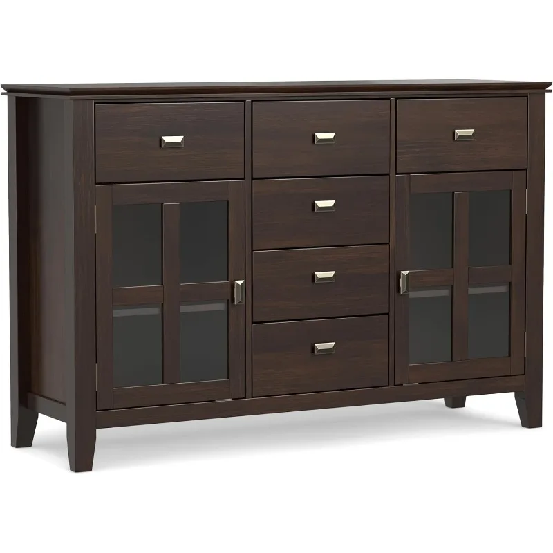 Solid Pine Wood 54 Inch Contemporary Sideboard Buffet  in Dark Chestnut Brown Features 2 Doors   Large Storage Spaces