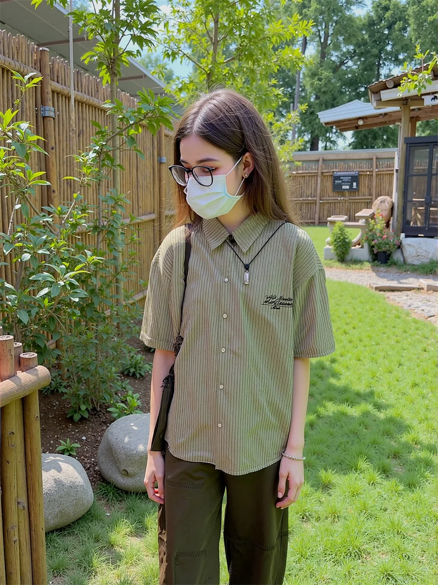 قصيرة الأكمام النساء قمصان الحفلات السيدات مخطط خط عمودي طباعة زر الجبهة عادية بسيطة الأساسية الحد الأدنى قمة الموضة #1