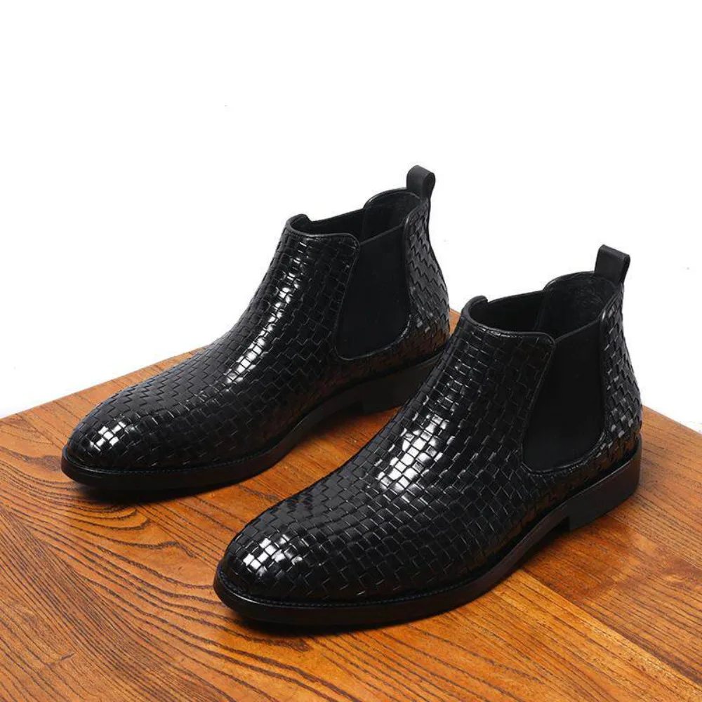 Genuine Full Grain Leather Boots for Men Hand Woven British Style Pointed Toe Ankle High Top Leather Dress Boots