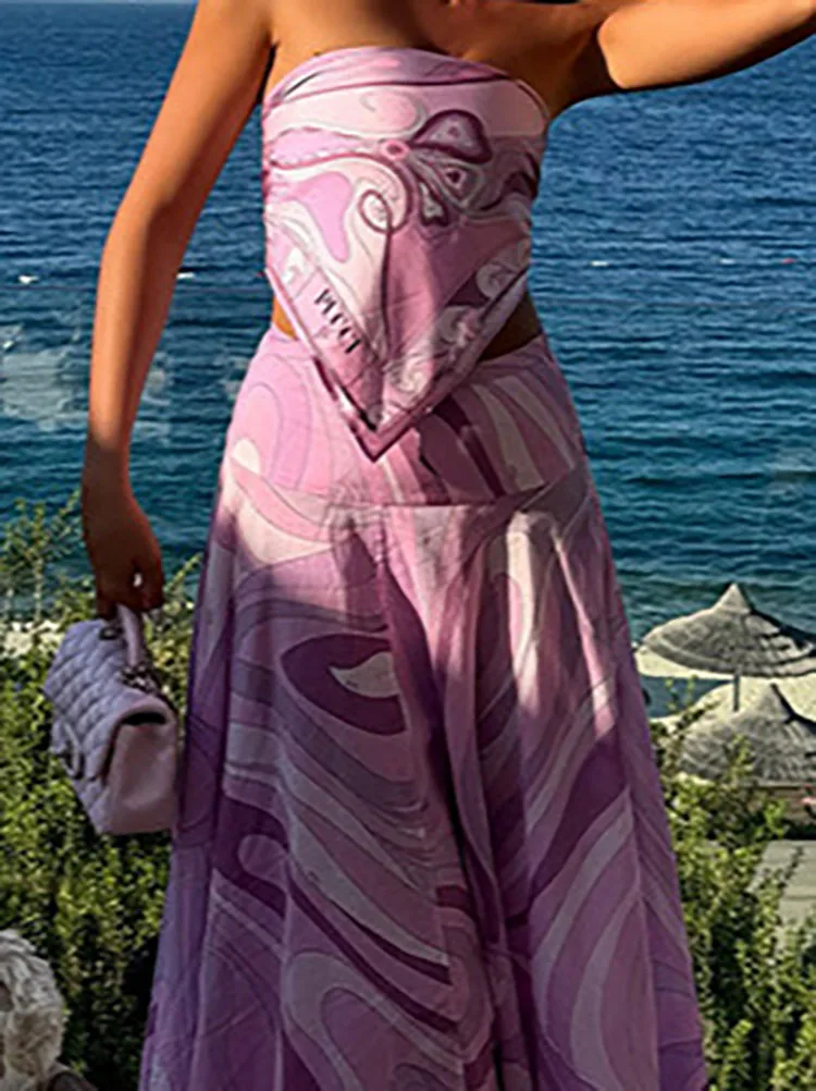 

Женская мода, нерегулярные плиссированные комплекты из 2 предметов на шнуровке, женские летние шикарные праздничные наряды для вечеринок, сексуальный топ без бретелек с принтом, юбки, костюм