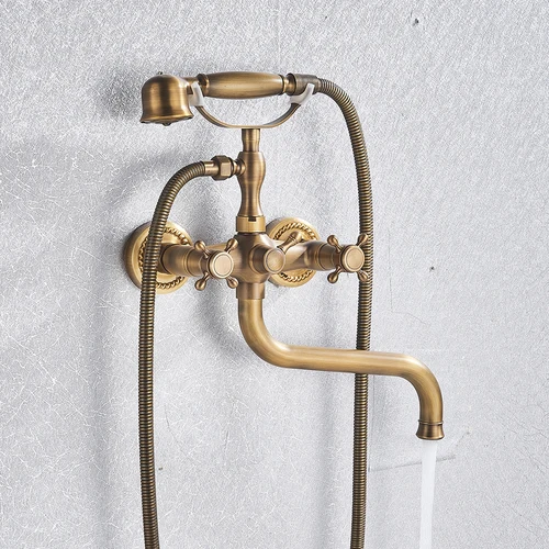 Imagen 2 del producto Grifos de bañera de latón antiguo, grifo de pared para baño, ducha, grifo mezclador, caño largo, mezcladores de ducha para bañera con ducha de mano