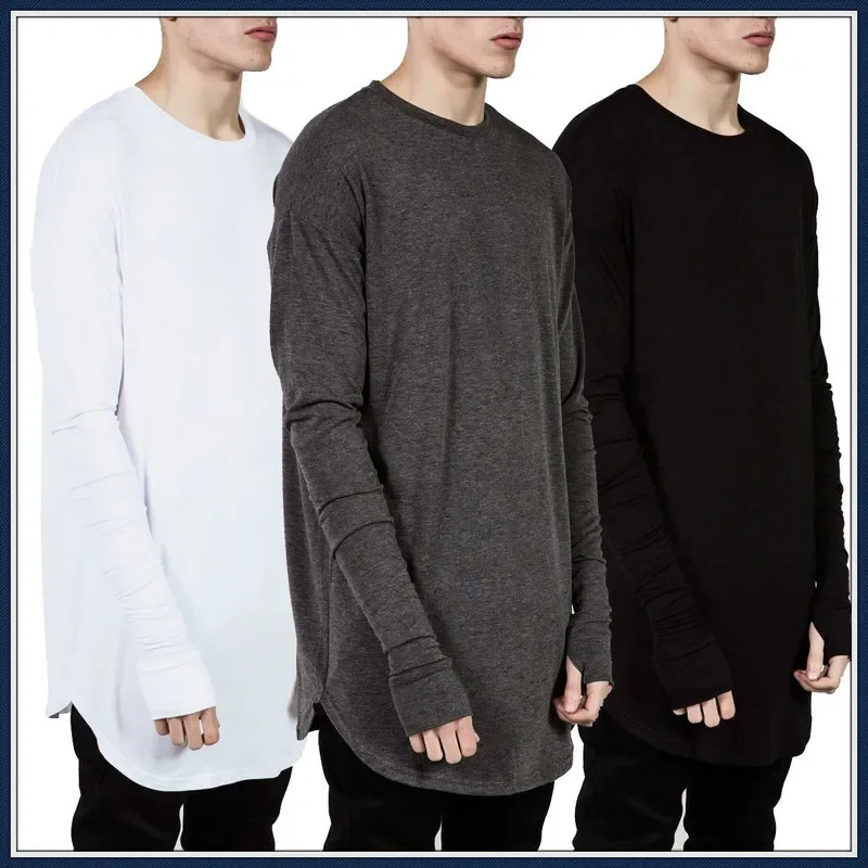 Quality Hip Hop T Shirt Full Mens Long Sleeve T-Shirt with Thumb Hole Cuffs Tees Shirts Curve Hem Men Street Wear Tops Plus Size