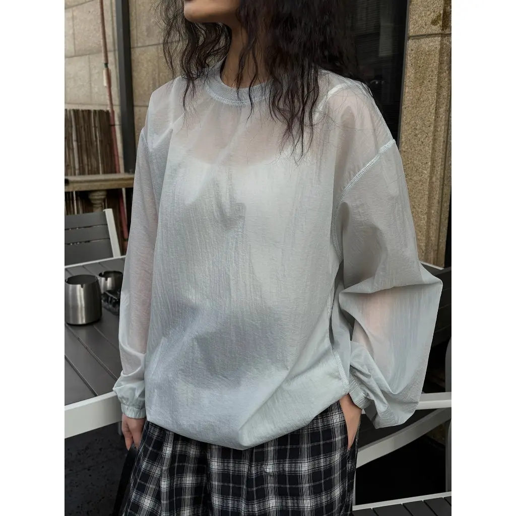 Lou Fu Damen-Sweatshirt im koreanischen Stil, leicht, flexibel, Sonnenschutz, einfaches INS Hazy Fog Stacked Top für den Sommer