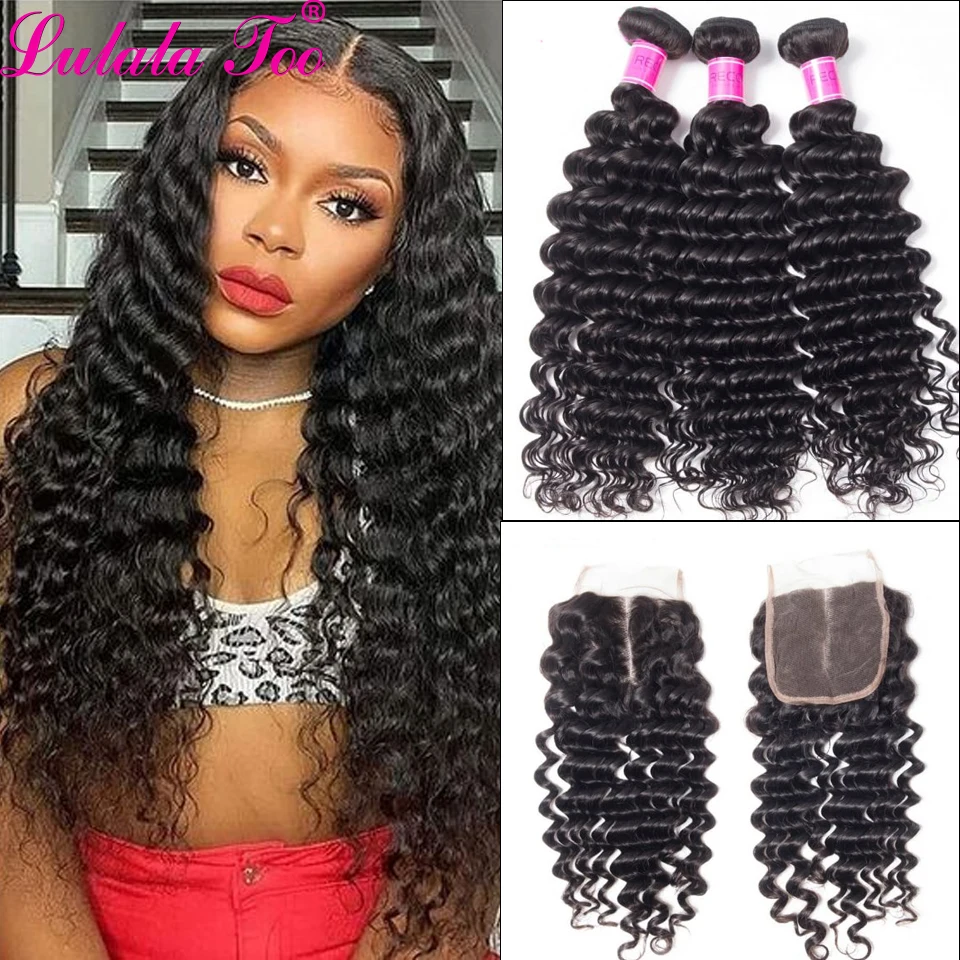 High Quality Deep Wave Bundles With 4x4 Closure Brazilian Remy Hair extensions Human Hair Weave With Closure Deep Wave