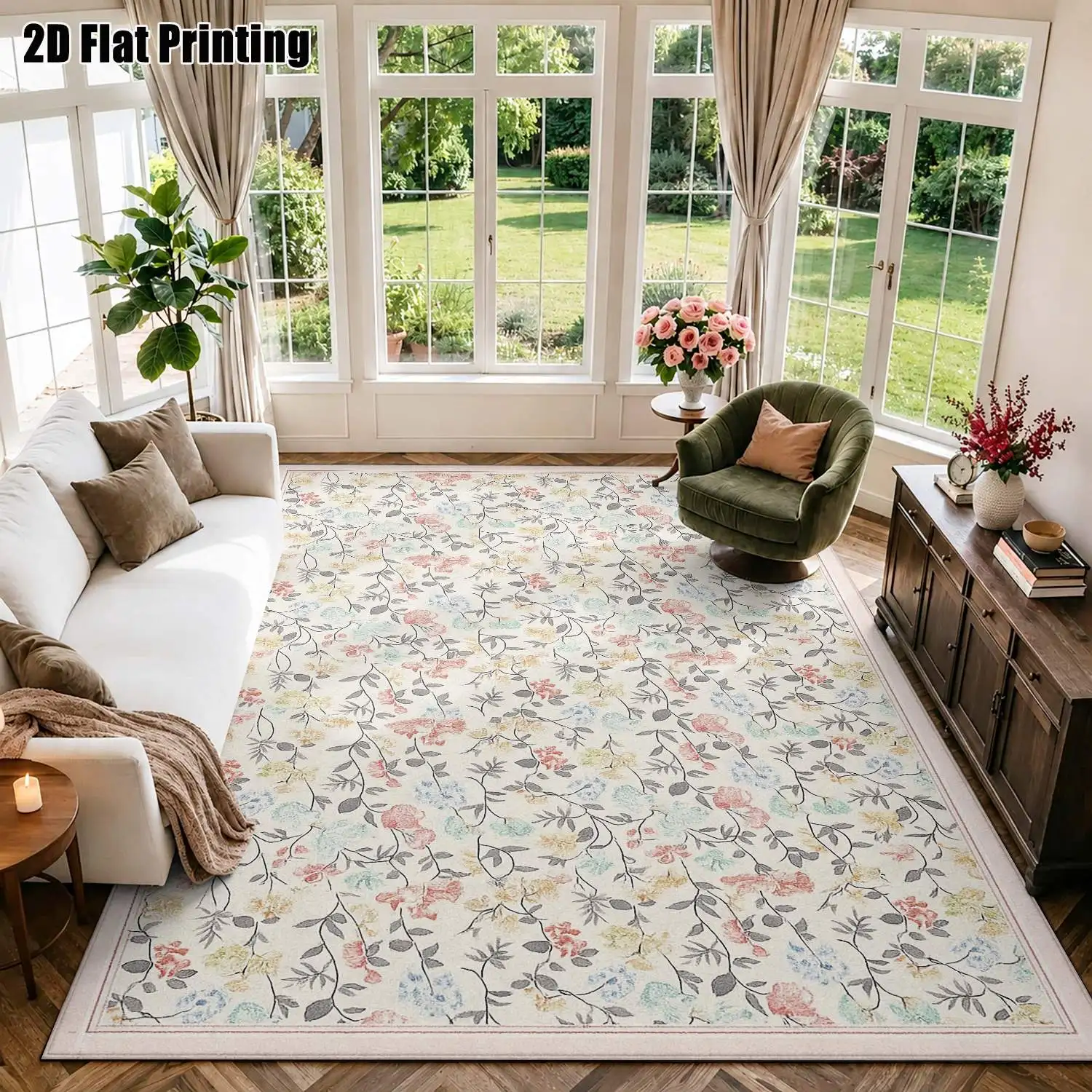 1Pc 2D Printed Carpet: Light Beige Base, Pink Floral Pattern, Nordic/Modern Minimalist/European/Vintage Style, Instagram-Worthy, Home Decor, Multiple Sizes, Machine Washable, Suitable for Entryway, Dining Room, Foyer, Bedroom, Living Room
