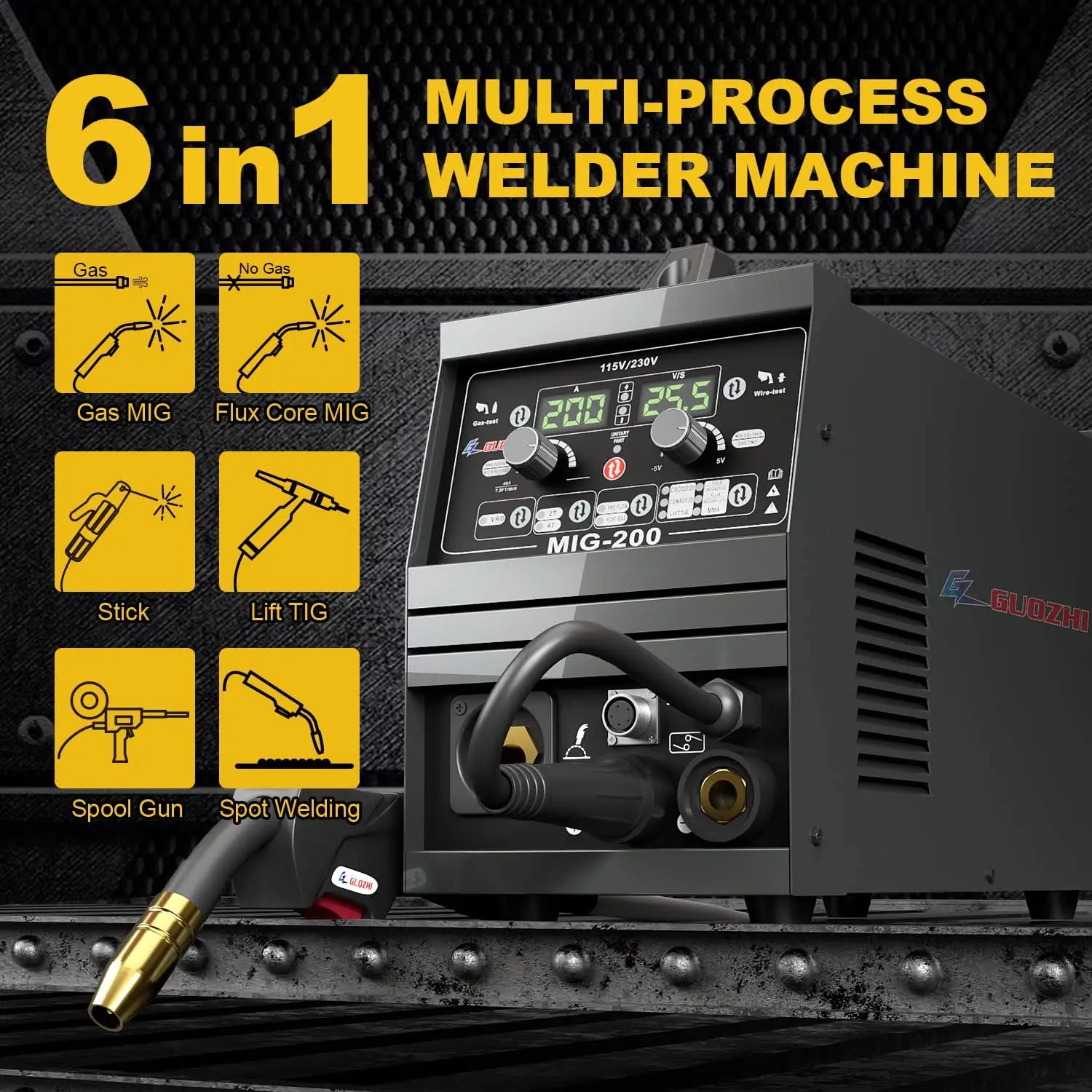 200A MIG Welder 6 in 1 Stick Welder/Gas MIG/Gasless Flux Core MIG/Lift TIG/Spot welding/Spool Gun Multi-Process 110V/220V