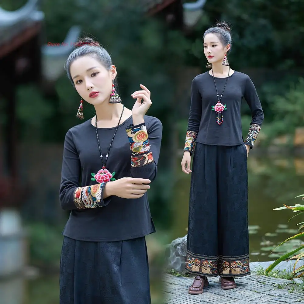 2024 chinese women traditional t-shirt national flower embroidery o-neck shirt retro vintage base shirt improved hanfu tops