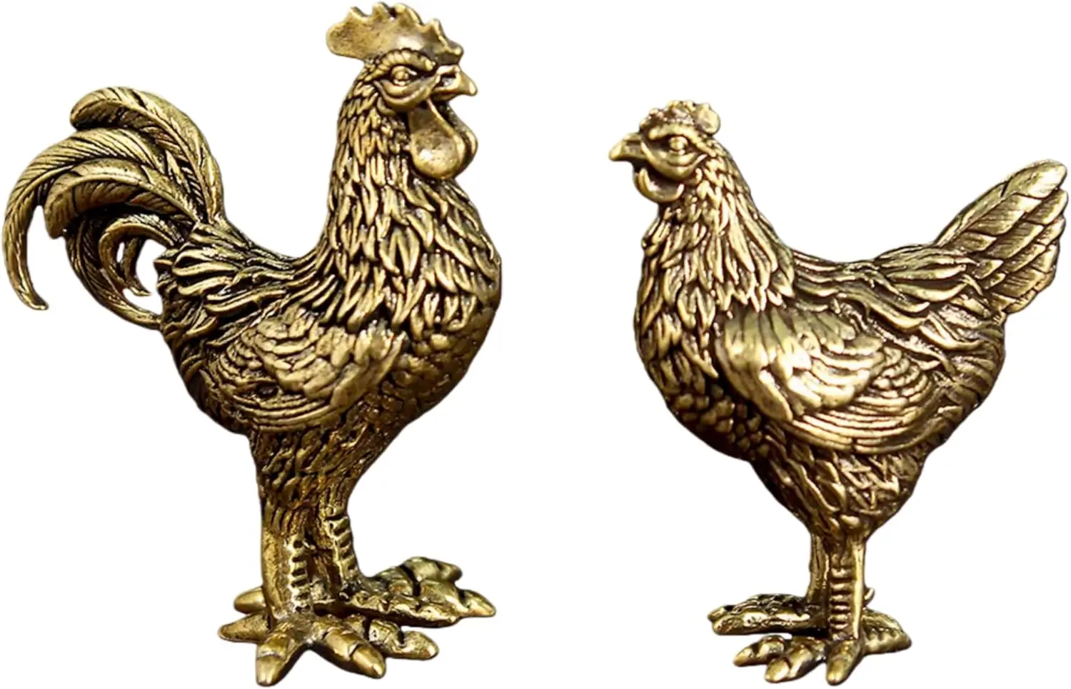 2-piece Set of Brass Rooster and Hen Statues Retro Chicken Ornament Set Home Bookshelf Desktop Decoration  Animal Sculptures