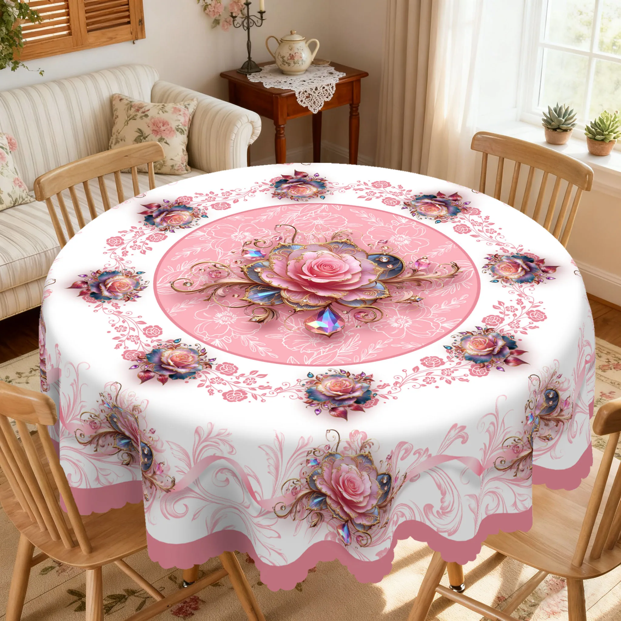 1 Piece of Rose Floral Round and Rectangular Tablecloth, Available in Various Sizes, with 3D Embossed Pink Roses and Iridescent Gemstones Interwoven, Printed Tablecloth with Soft Texture Base, Embossed Edges, Romantic Tablecloth Decoration, Suitable for Home Dining Rooms, Tea Parties, Balcony Use, Spring and Summer Home Decor, Valentine's Day and Mother's Day Gift