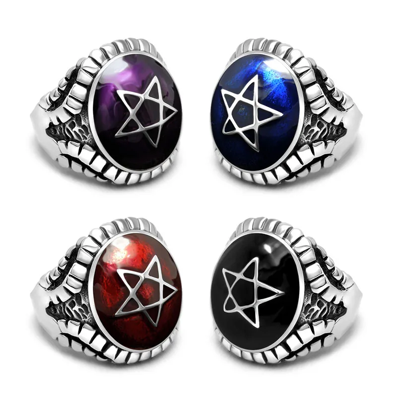 Vintage Punk Pentagram Star Stainless Steel Womens Mens Rings Unique Trendy Fashion for Biker Jewelry Creativity Gift Wholesale