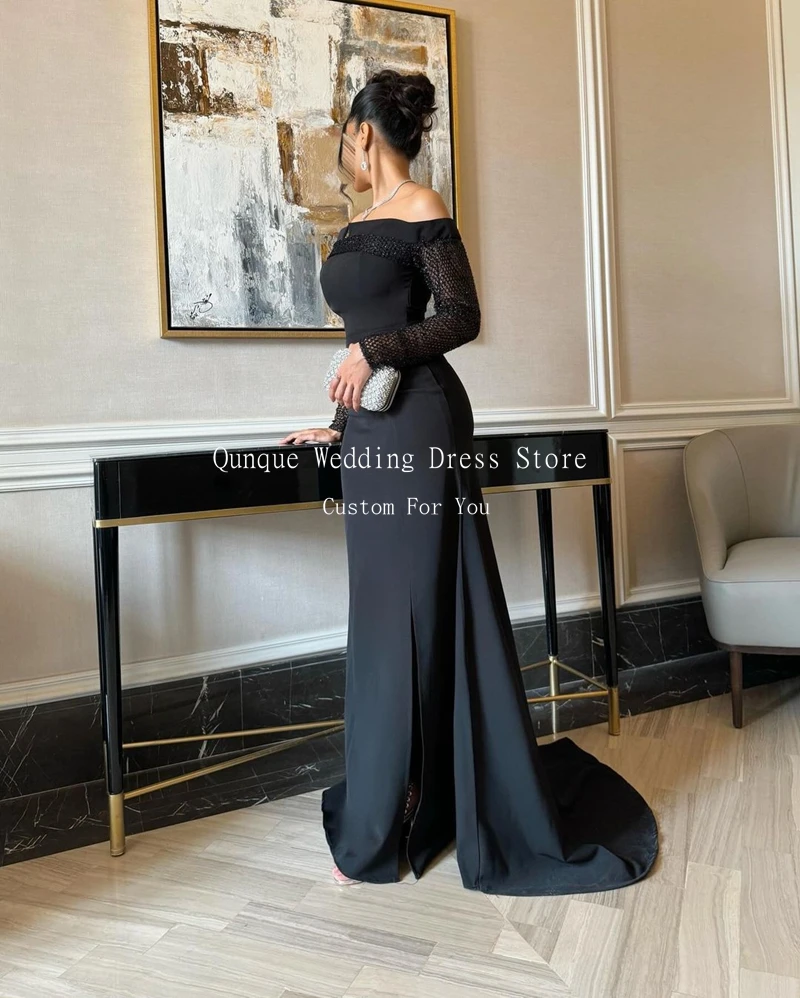 Qunque Arabia Women Prom Dress Sexy Side Split Long Sleeves Abendkleid Meerjungfrau Evening Dresses Robes De Soirée Customized