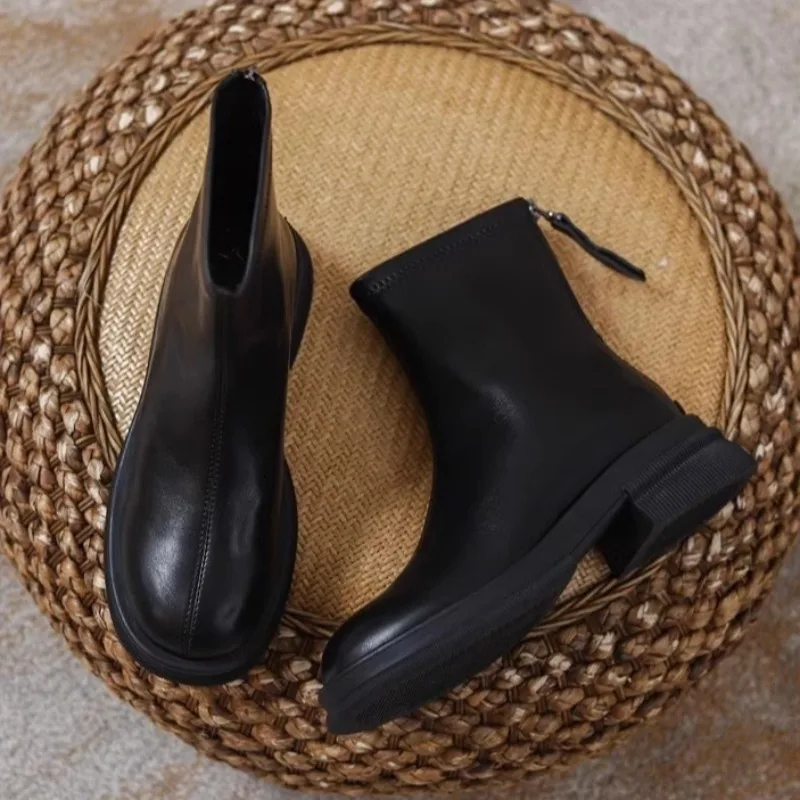 

Новинка 2024, женские ботинки, Лидер продаж, модные стильные эластичные ботинки на молнии, винтажные осенние ботинки с круглым носком, короткие бочонки на массивном каблуке