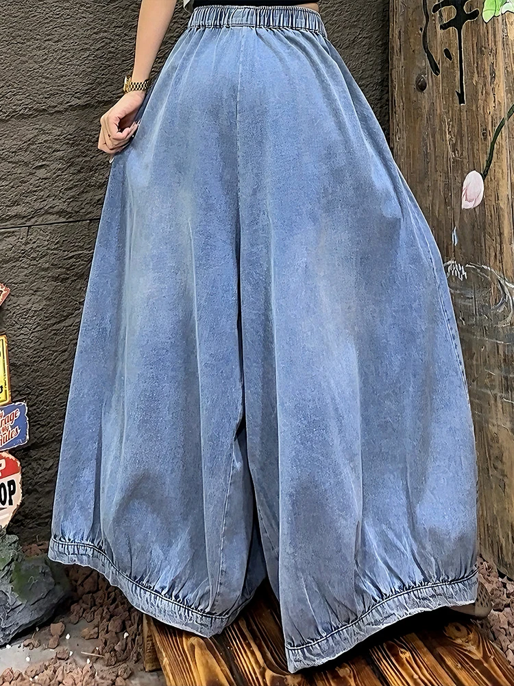 Amax LuluE 2026 Korean Spring Embroidery Jeans Women Fashion Wide Leg Pants Ladies Big Size Casual Vintage Floral Denim Trousers