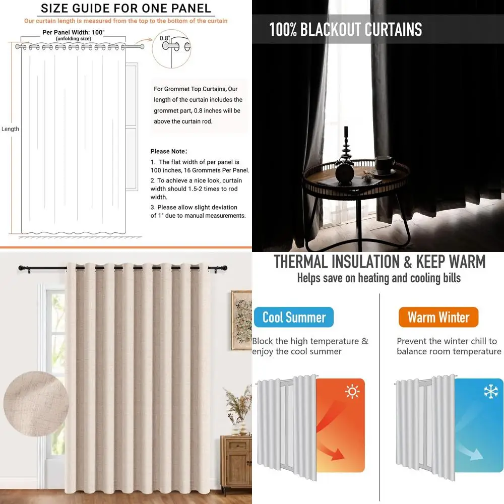 Zasłony z gromkami o wymiarach 96 cali długości i 100 cali szerokości, w kolorze owsianym, do drzwi przesuwnych i tarasowych, odpowiednie do salonów.