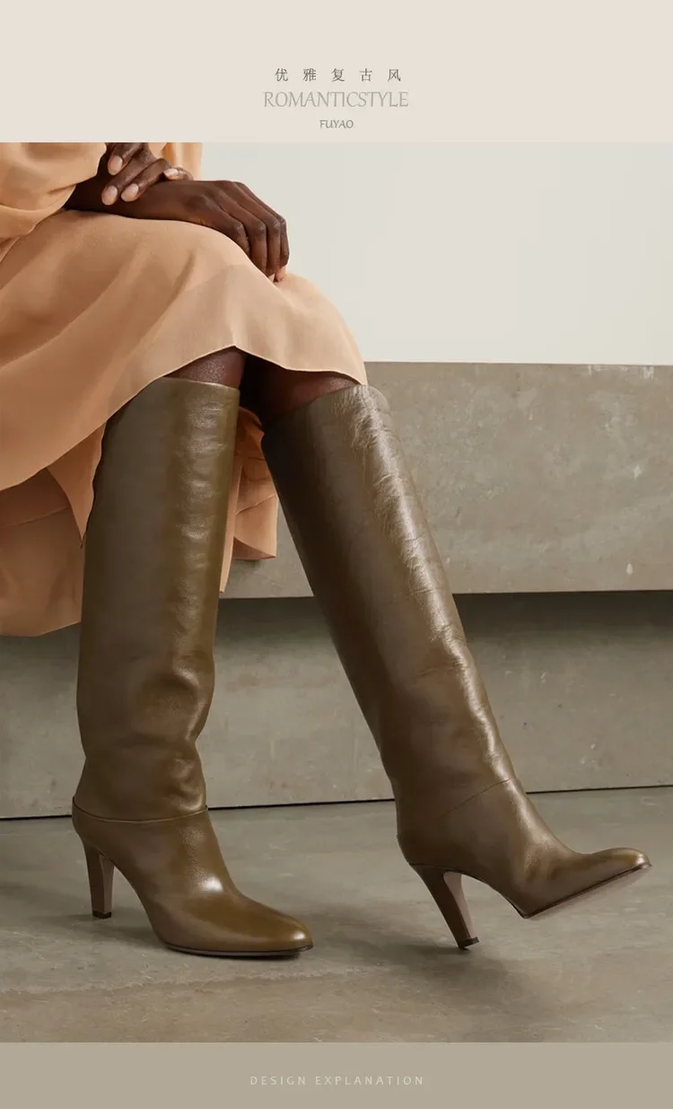 Ladies\' Autumn and Winter Knee Length Boots, Round Toe Fashionable Leather Slim Fit High Heels, Size 34-46 Medium Length Boots