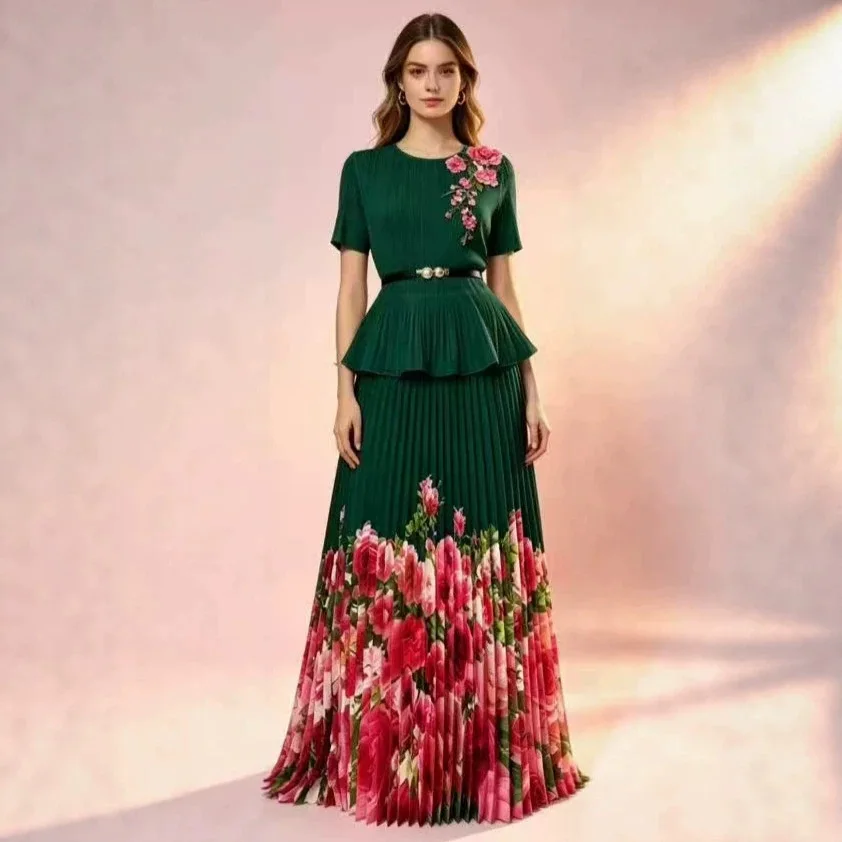 EGRM Pleated Print Women's Two Pieces Set Fashion short sleeve Belt slimming Top And Elastic High Waist Skirt Sets 2026 New 7G11 view 6