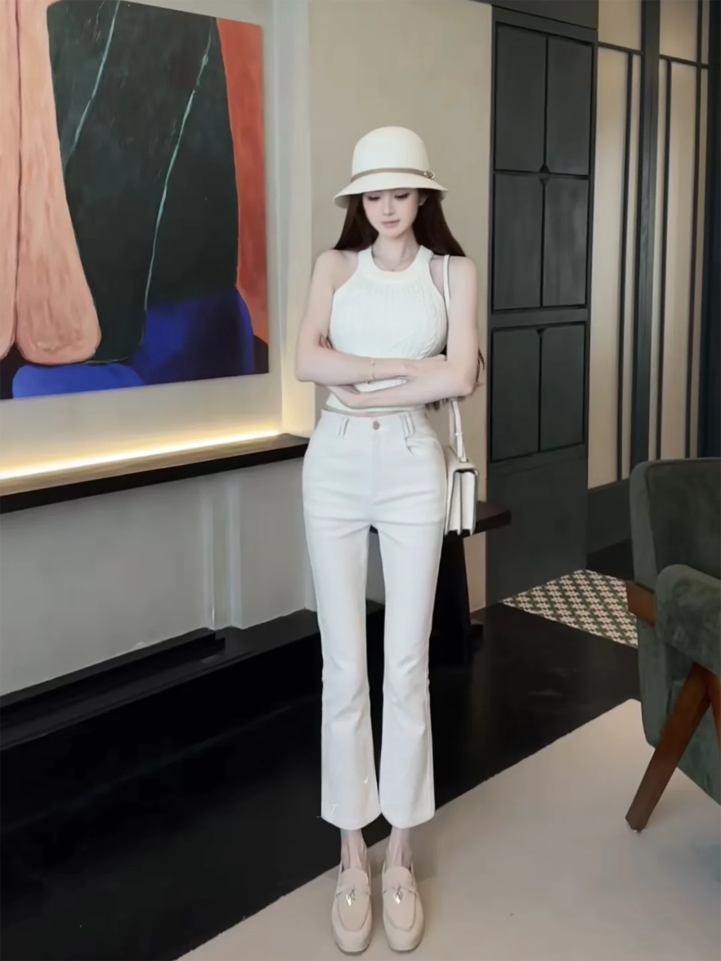 

Женские джинсы с высокой талией, прямые, эластичные, цвета хаки, облегающие, в корейском стиле, укороченные, модель «дымчатые трубки»