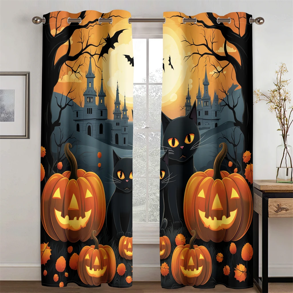 2 Piece Pumpkin Head Curtain Yellow Black Horror Curtain Halloween Living Room Kitchen Balcony Bedroom Decor Fashion Blackout