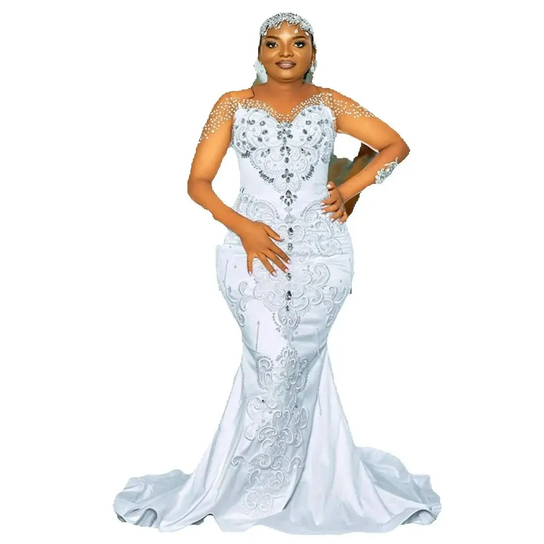 

Customized Scoop Shinny Crystals Embroidery Wedding Dress For Bride Robe De Mariée Detachable Train Long Sleeves Bridal Gowns