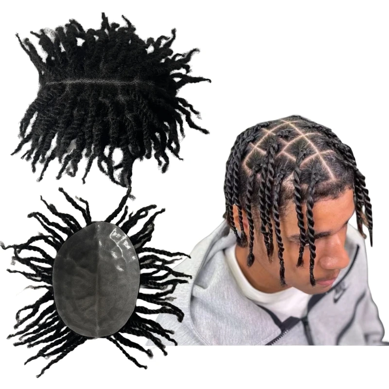 Indian Virgin Human Hair Replacement #1b Natural Black Afro Twist Braids 8x10 Full Pu Toupee for Black Men