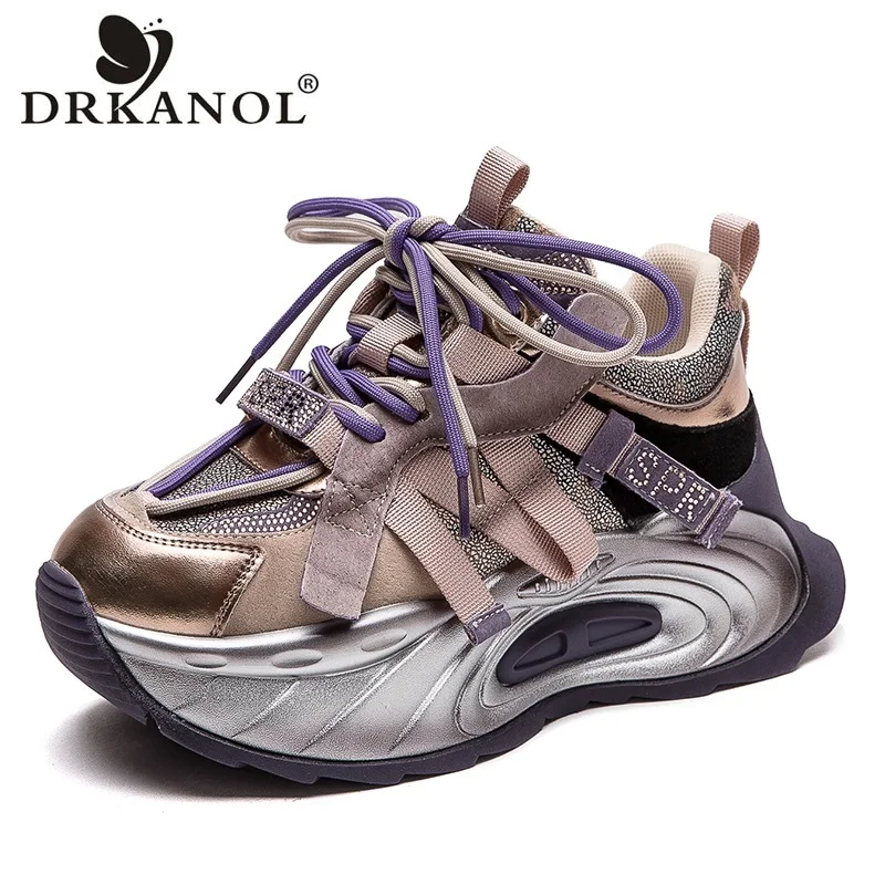 DRKANOL 2024 Spring Women Casual Sneakers Mixed Color Genuine Leather Chunky Platform Shoes Ladies Shiny Rhinestone Daddy Shoes