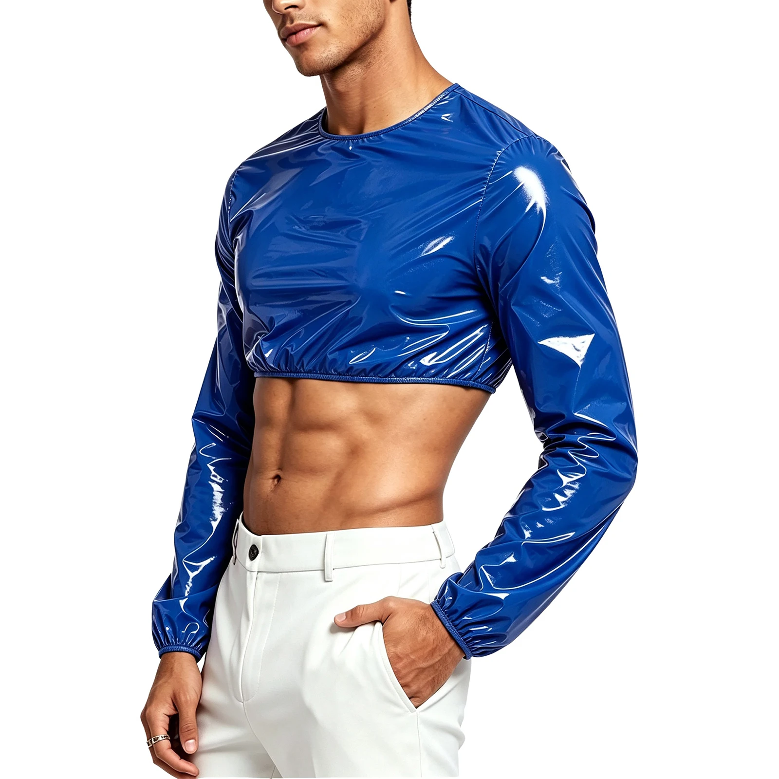 Mens Shiny Metallic Crop Top Long Sleeve O‑Neck Midriff T‑Shirt Glossy Stretchy Waterproof Cropped Top Club Party Rave Costume