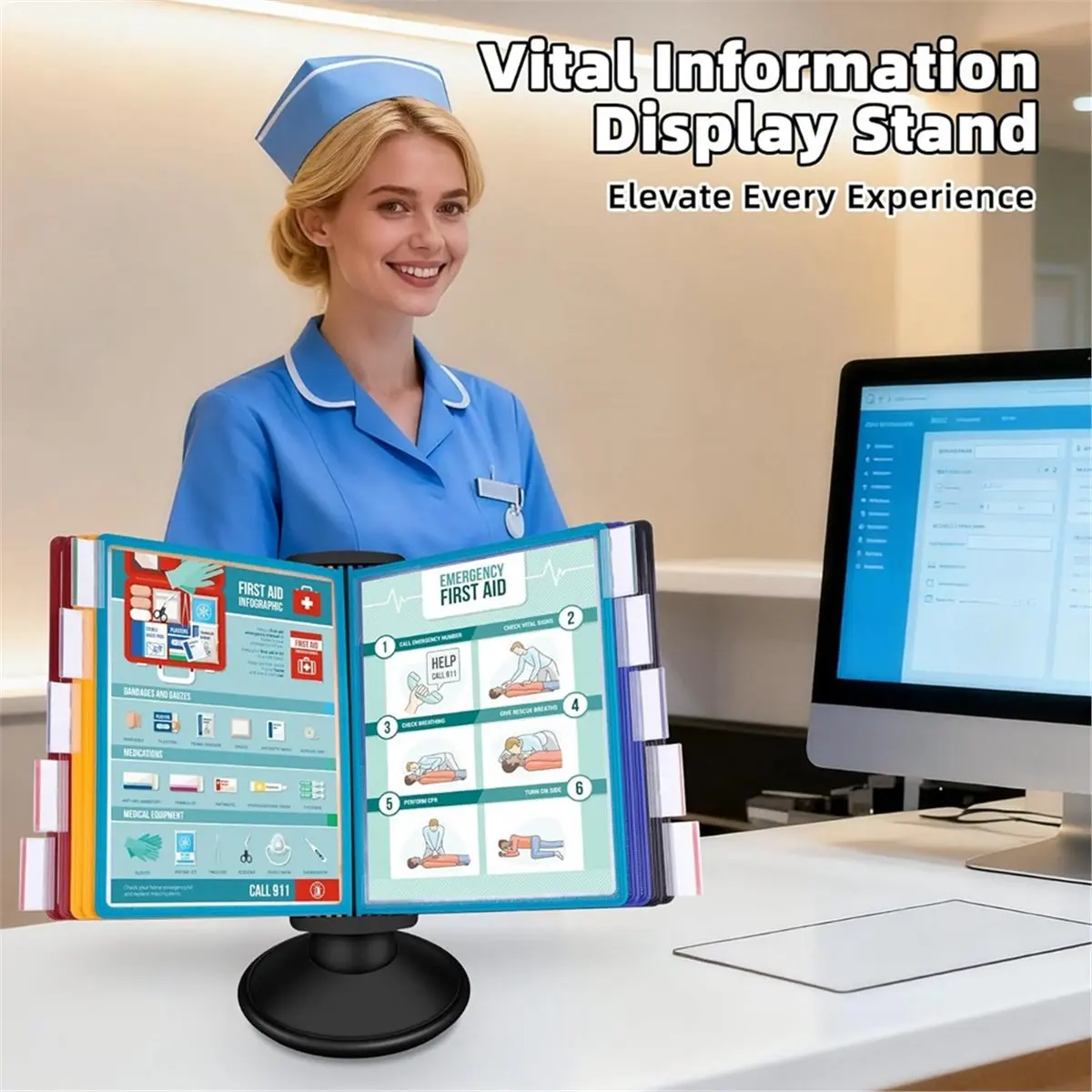 【~ New ABPO】10-Pocket Desktop Reference Display System, 360° Rotating Base, A4/Letter Panels with Color Tabs Document Holder