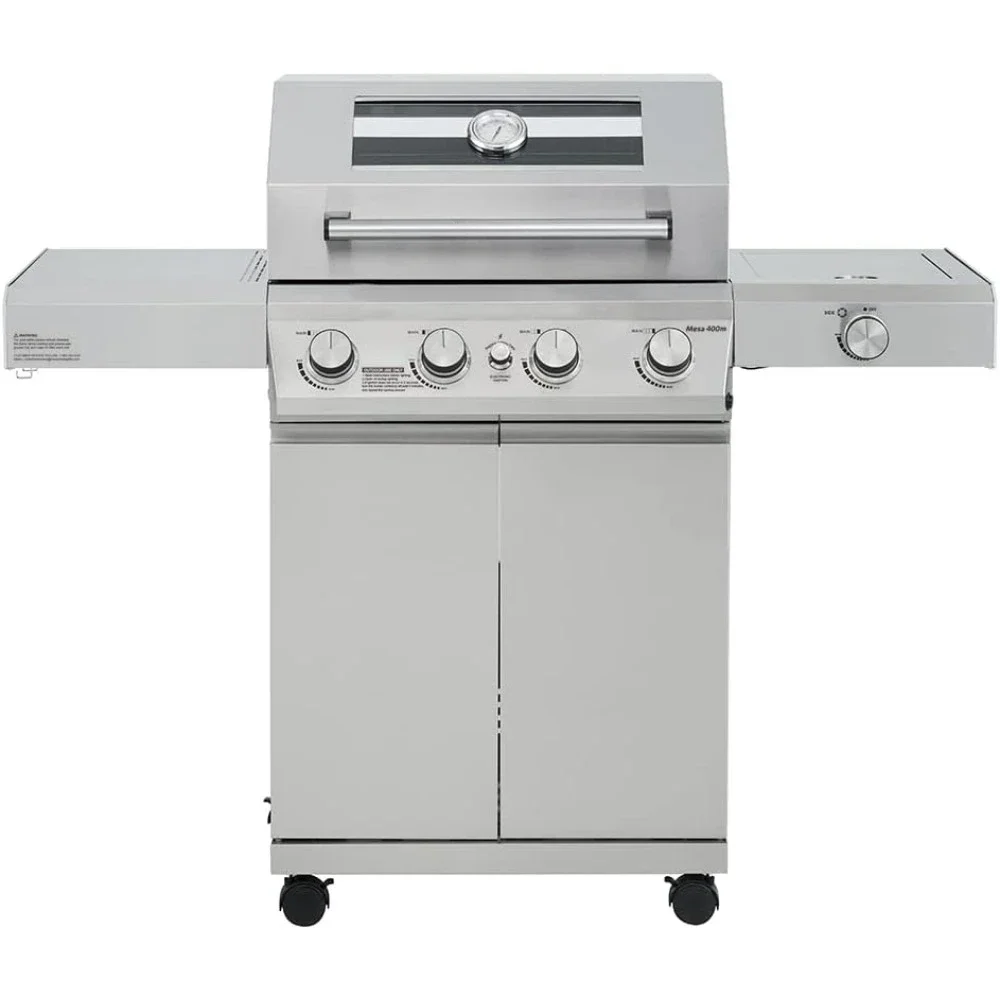 

Large 4-burner Propane Gas Barbecue Grill, Stainless Steel, Heavy-Duty Cabinet Style with LED Controlled Side Burner