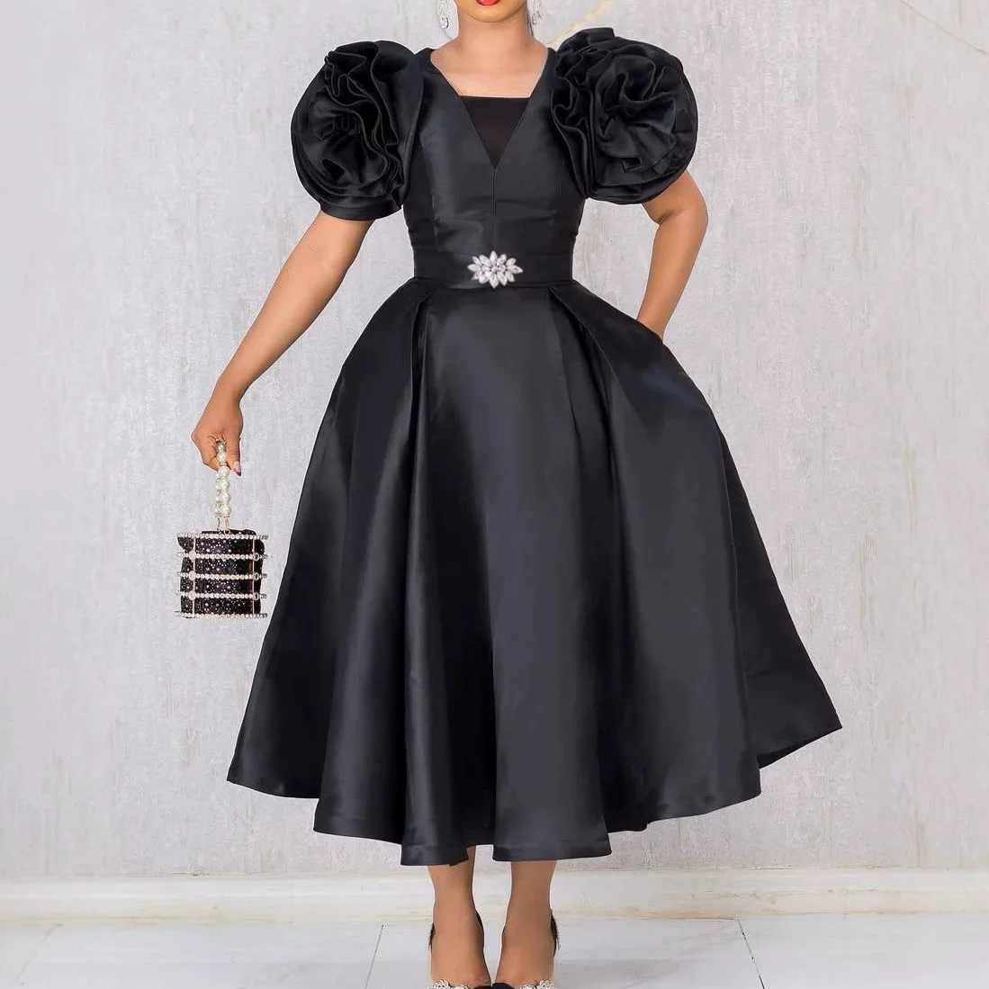 

QMANSHA Custom Black Satin Evening Dress Puff Flower Sleeve V-Neck A-Line Midi Formal Party Gown Plus Size for Women Dresses
