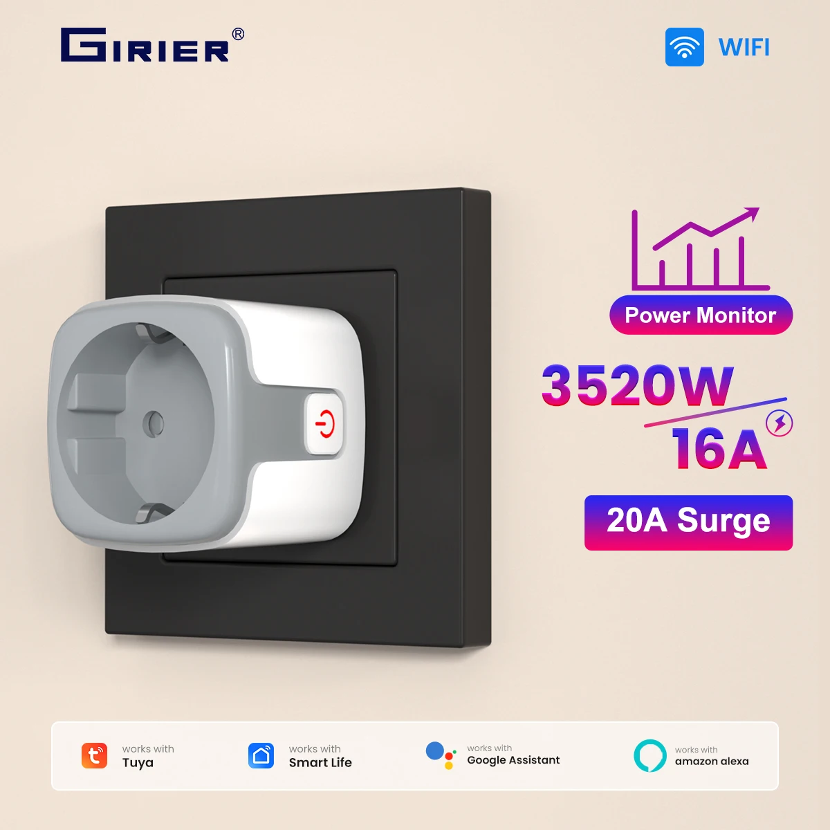 

Умная Wi-Fi розетка GIRIER Tuya 16А с функцией мониторинга энергопотребления, 3520 Вт, поддержка Alexa и Google Assistant