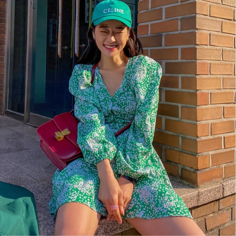 Retro kwiatowy wzór, dekolt w serek, wysoki stan, wyszczuplający, na przerwę na herbatę, elegancki, damski, wiosenny, nowy, styl koreański, swobodny, elegancki.