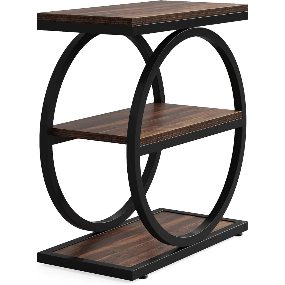 زوج من الطاولات النحيفة مع أرفف تخزين من 3 طبقات، وطاولات خشبية مميزة، وطاولات جانبية مدمجة على الطراز الصناعي لغرف المعيشة