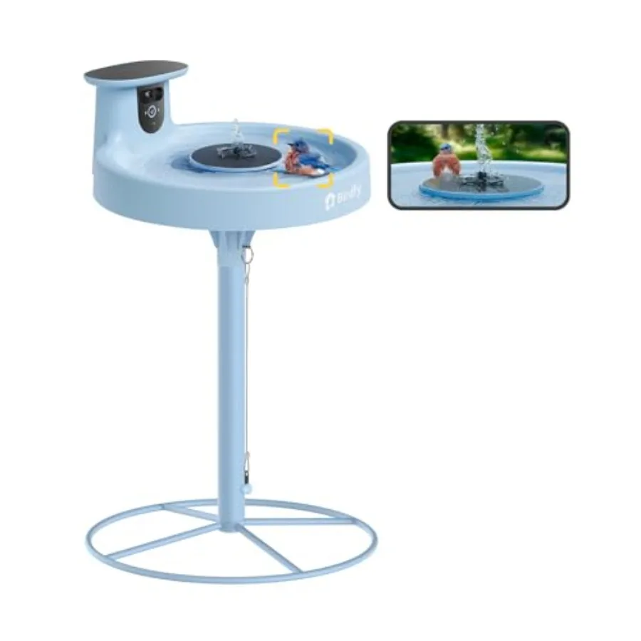 

Wildbird watching smart bath with solar-powered fountain stand, dual-lens camera, AI motion detection, auto video capture, whit