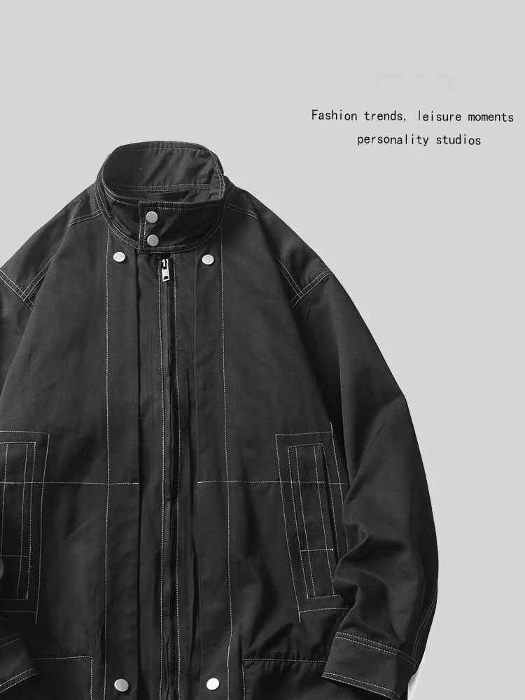 

ANXIE High Street Jaet Stand Collar Men's Women's Coat Casual Loose Fit All Season Faionable Outerwear