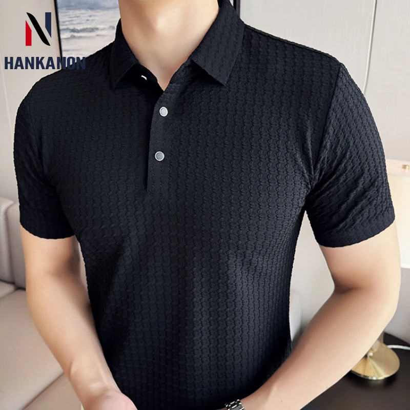 Men's Solid Color Business Casual Polo Shirt, Stretchable Polo Shirt with Elastic Waistband, Men's Daily Short Sleeve T-shirt.