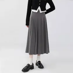 Grey Pleated Skirt for Women 2023 New Autumn Preppy Style High Waist A Line Mid-length Skirts Vintage Casual Female Clothing