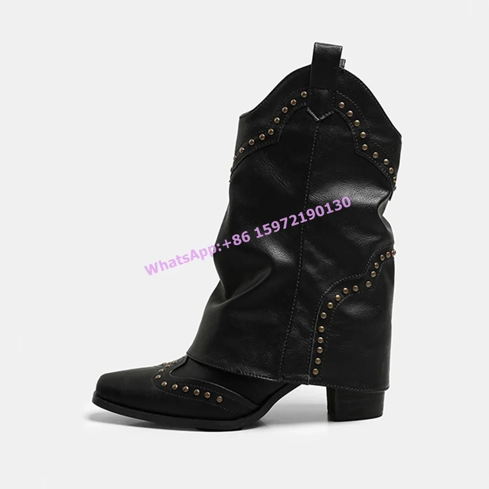 Rivet Pleated Cowgirls Boots Solid Brown Black Chunky Heels Turn Over Edges Slip On Wide Calf Boots Winter Women's Punk Shoes