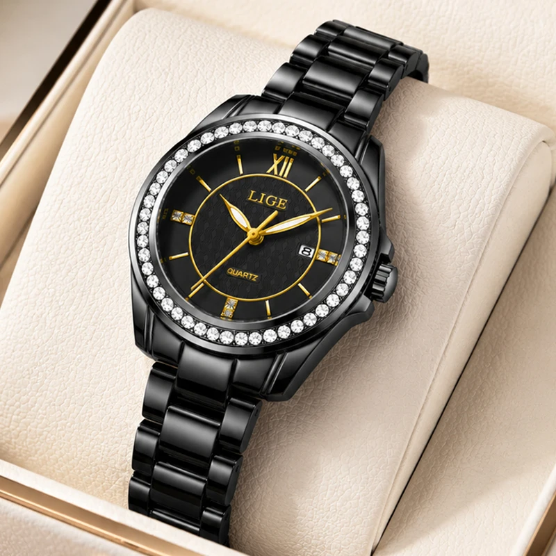 LIGE Elegant Ladies Watches Top Brand Luxury Ceramic Bracelet Diamond Watch for Women Waterproof Women's Quartz Wristwatch Gift