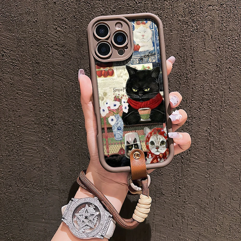 Modische Katzen-Collage-Silikon-Handyhülle für iPhone 16 17 Pro 15 14 13 12 11 Pro Max 16E 7 8 Plus XR XS mit Lanyard-Hülle – Detail 6