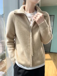 Autumn Winter Women Merino Wool Knitted Cardigan Lapel Long-Sleeved Zipper Sweater Female Casual Clothing Bottoming ​Tops