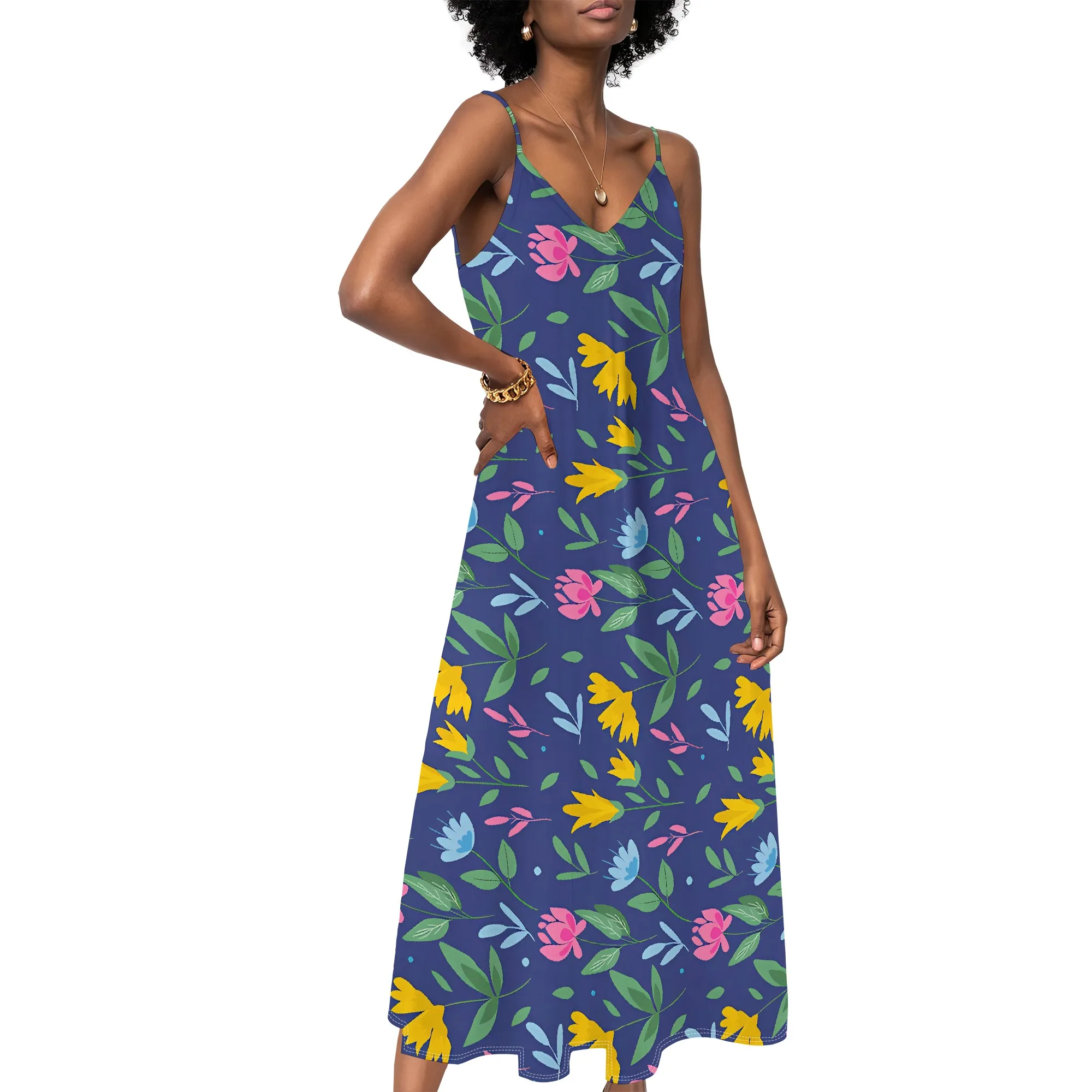 

Women's clothing 2025 spring/summer new item custom casual beach loose print polka dot floral fashion V-neck long skirt
