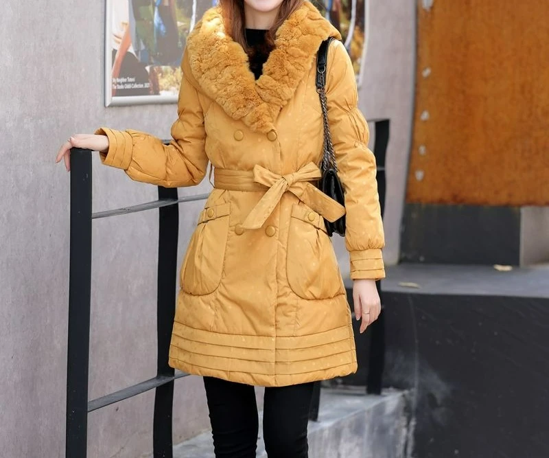 

Removable Fur Collar Medium and Long Down Jacket Women's Fashion Slim Belt Duck Down Winter Coat