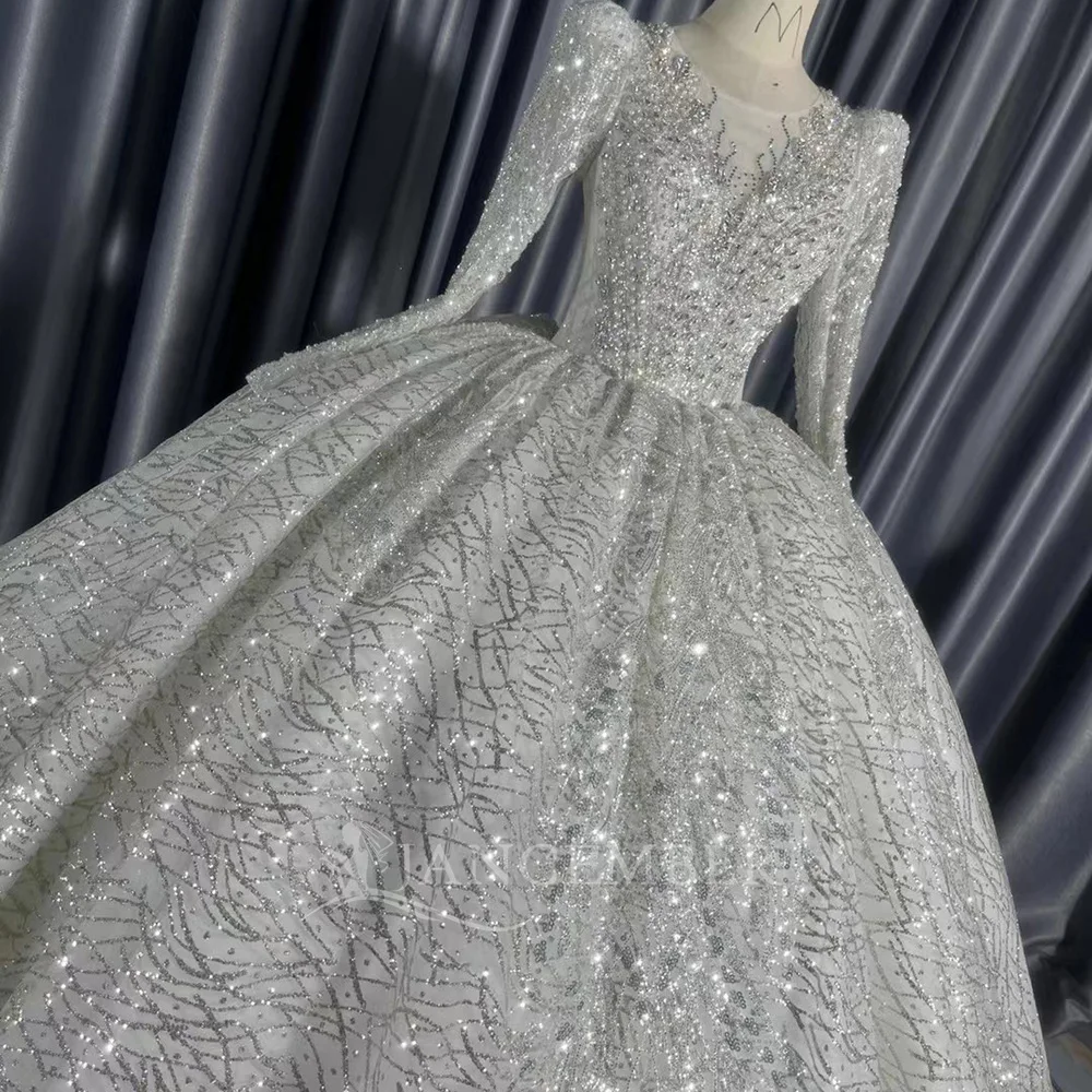 Princess Ball Gown New Design Bohemian Wedding Dress Deep O Neck Organza Backless Sequin Court Train Customized свадебно