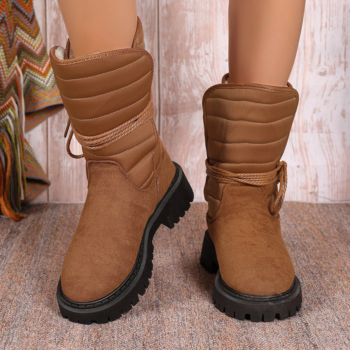 

Platform Mid-calf Boots Womens Winter Warm Plush Suede Snow Boots Casual Black Thick Heels Lace Up Female Botas Cotton Shoes