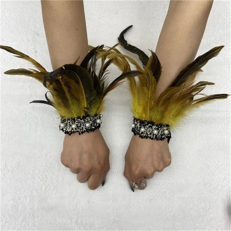 Decorative Feather Wristband for Woman Girls Elastic Feather Wrist Cuffs Shirt Wristband Goth Coat Costume Sewing Cuffs