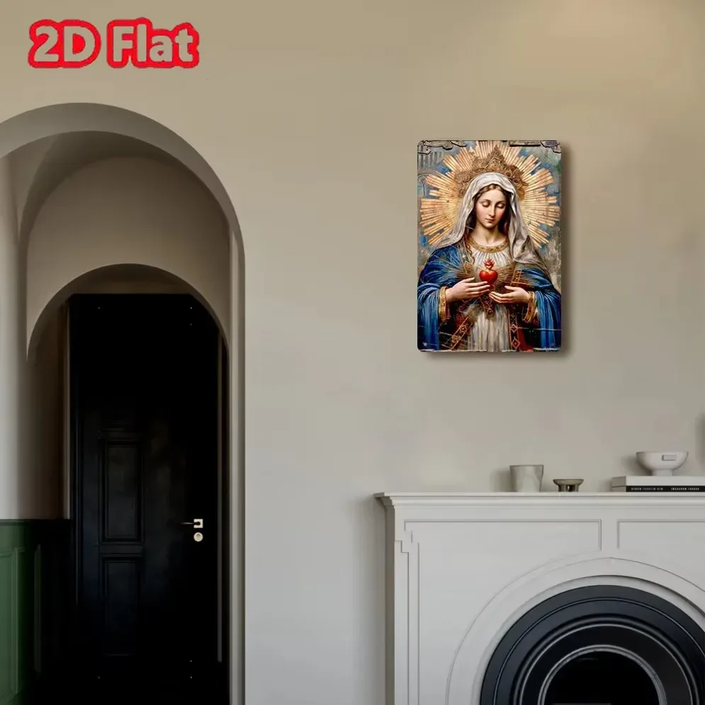 لوحة صفائح حديد لديكور المنزل، لافتة معدنية على شكل قلب مريم العذراء المقدس - ديكور حائط ثنائي الأبعاد للمساحات المتعددة - هدية دينية رائعة